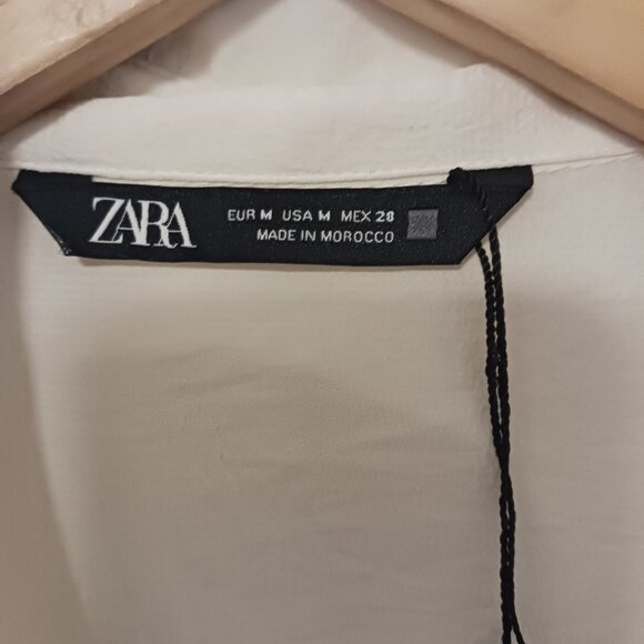 Zara Medium Cream Tie Neck Blouse W/ Decorative Buttons of Clustered Pearl Beads - Picture 2 of 15